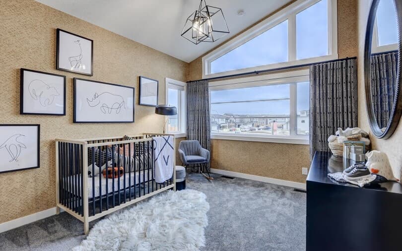 Golden nursery in the Columbia plan at Cranstons Riverstone in Calgary, AB by Brookfield Residential