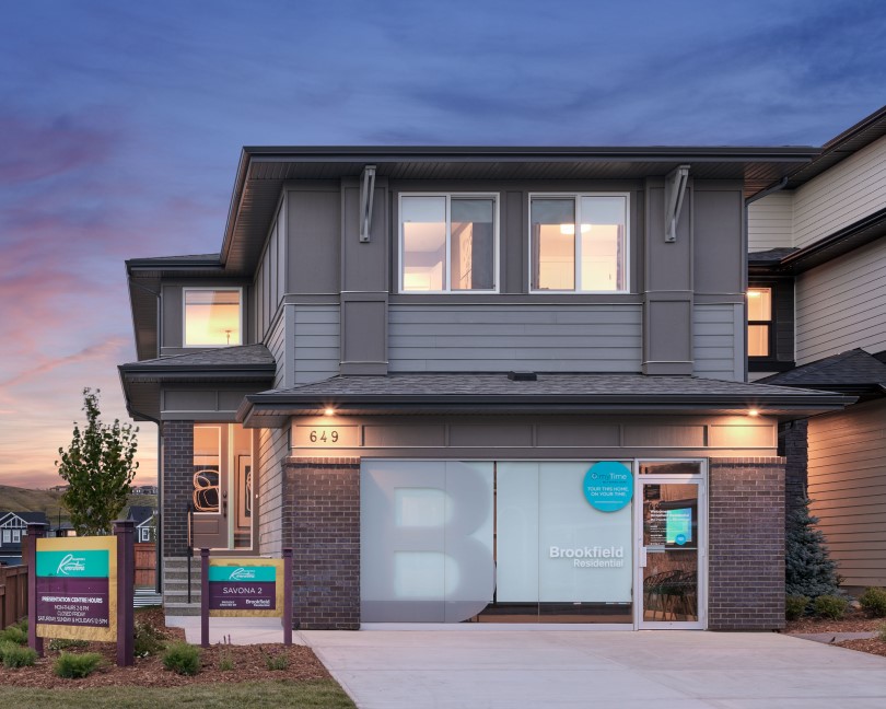 Exterior of the Savona 2 Show Home at Cranstons Riverstone in Calgary, AB
