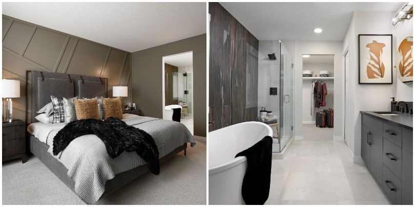 Primary bedroom and ensuite in Savona 2 at Cranstons Riverstone in Calgary, AB
