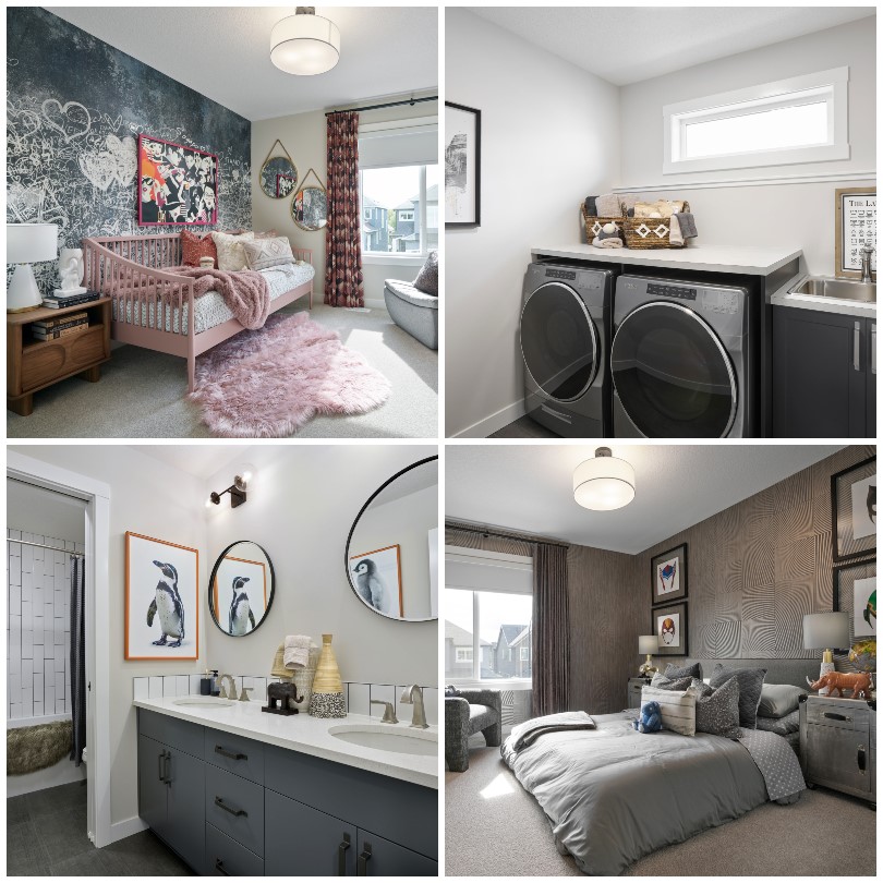 Secondary bedrooms, bath, and laundry at Savona 2 at Cranstons Riverstone in Calgary, AB