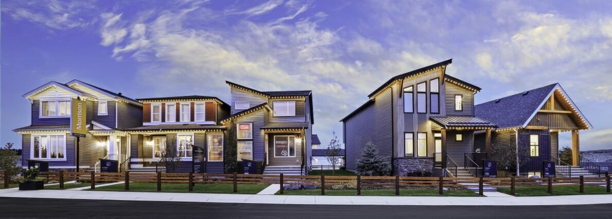 Panoramic street scene of homes at Rockland Park by Brookfield Residential in Calgary, AB