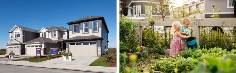 L: Chappelle Gardens Exterior; R: Children in the Community Garden | Heritage Valley in Edmonton, Alberta | Brookfield Residential 