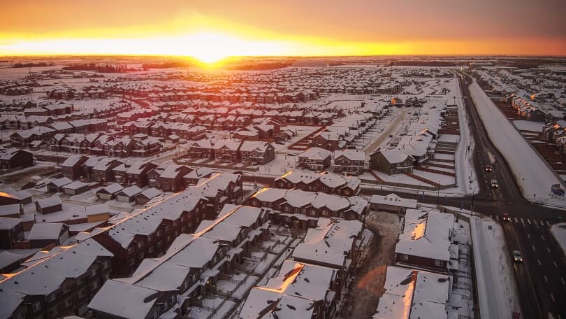 Aerial Sunset | Grove on 25th at The Orchards | Edmonton, Alberta | Brookfield Residential