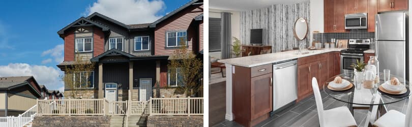 L: Townhome Exterior; R: Kitchen | Grove on 25th at The Orchards | Edmonton, Alberta | Brookfield Residential 