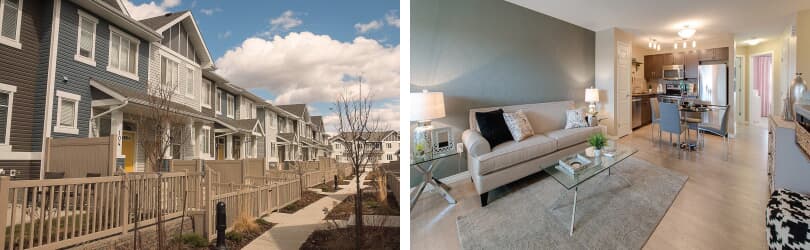 L: Townhome Exterior; R: Great Room | Vista Pointe at Chappelle Gardens | Edmonton, Alberta | Brookfield Residential 