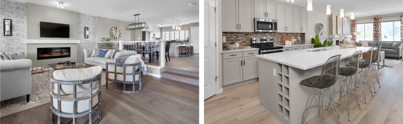 L: Great Room; R: Kitchen | New Homes at Edgemont | Edmonton, Alberta | Brookfield Residential 