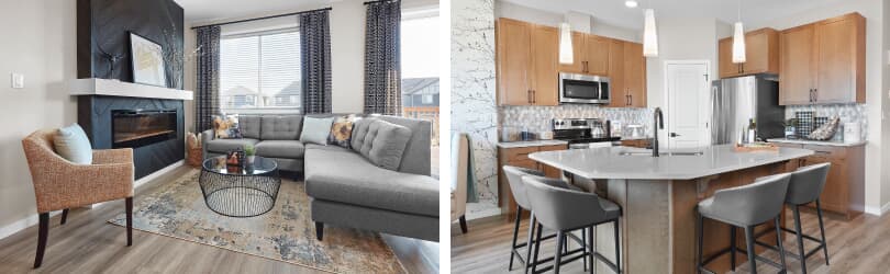 L: Fraser Living Room; R: Fraser Kitchen with Island | Edgemont in Edmonton, Alberta | Brookfield Residential
