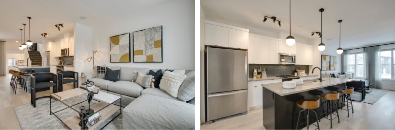 L: Irvine Living Room; R: Irvine Kitchen | Livingston in Calgary, Alberta | Brookfield Residential