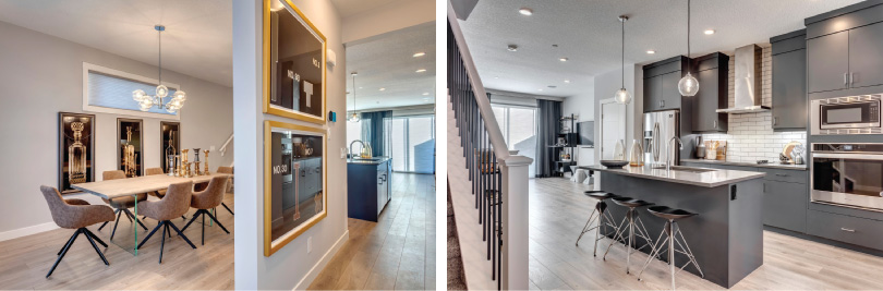 L: Oak Dining Room; R: Oak Kitchen | Livingston in Calgary, Alberta | Brookfield Residential