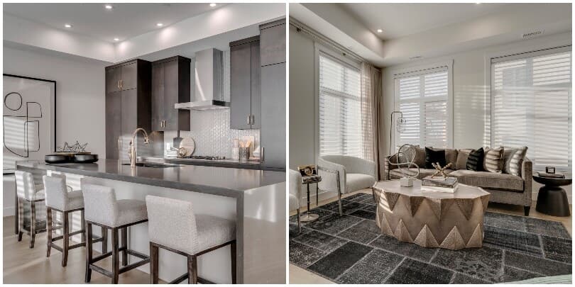 Interior view of the kitchen and living room in a home at Capella at University District in Calgary, AB