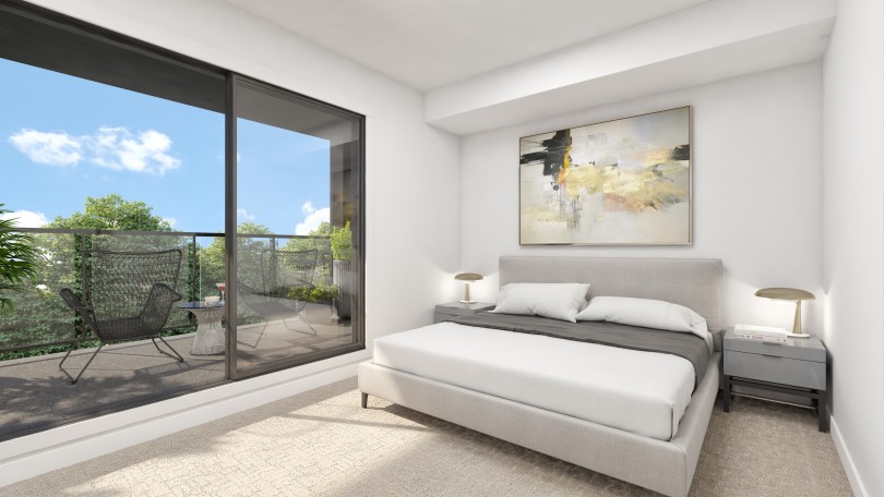 Rendering of a bedroom in Capella Condos at University District in Calgary, AB