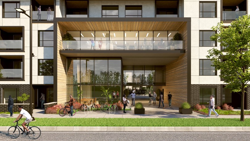Rendering of the breezeway at Capella Condos at University District in Calgary, AB