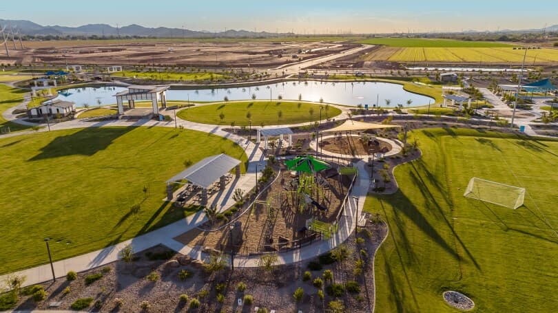 Aerial view of the parks and playground at Alamar Park by Brookfield Residential in Avondale AZ