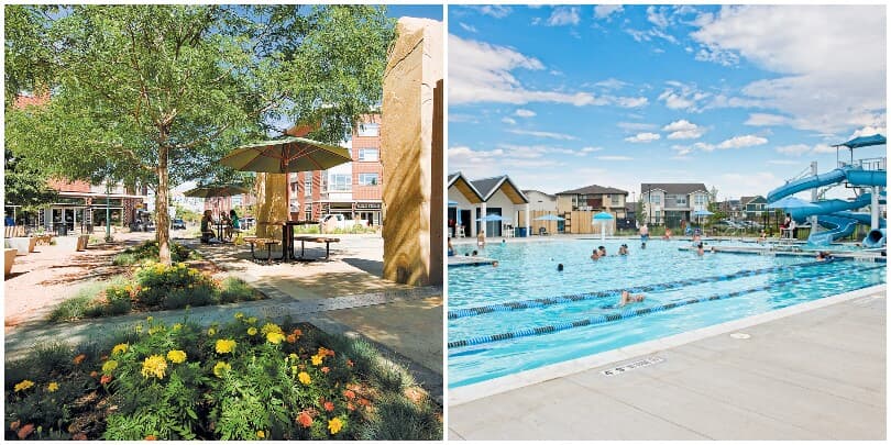 Picnic tables and pool with a slide at Central Park in Denver, CO by Brookfield Residential
