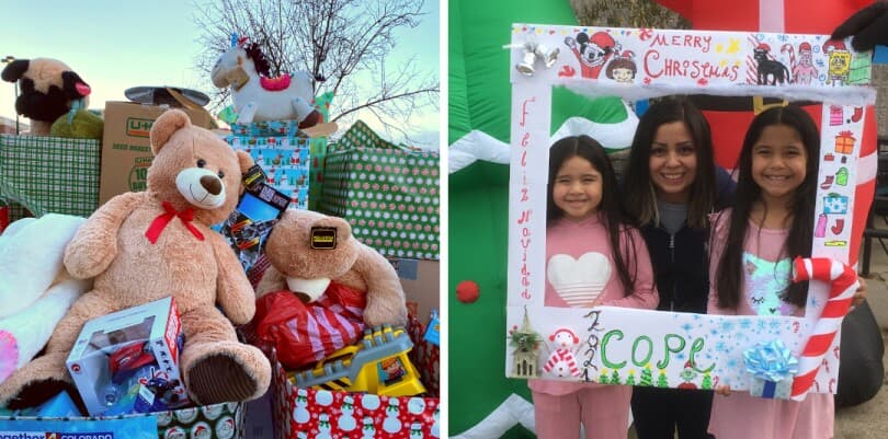 Collage showing bins of toys and a family at a holiday toy drive