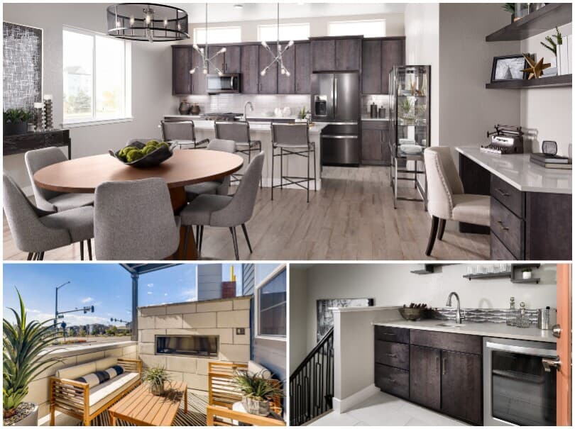 Kitchen, wet bar, and outdoor fireplace at Cadence 6 at Midtown in Denver, CO