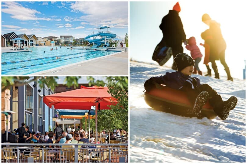 Community pool, snow tubing, and outdoor dining as part of the lifestyle at Central Park in Denver, CO
