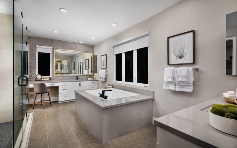 Primary bath with makeup station in Cira Plan 3 at The Landing by Brookfield Residential in Tustin CA