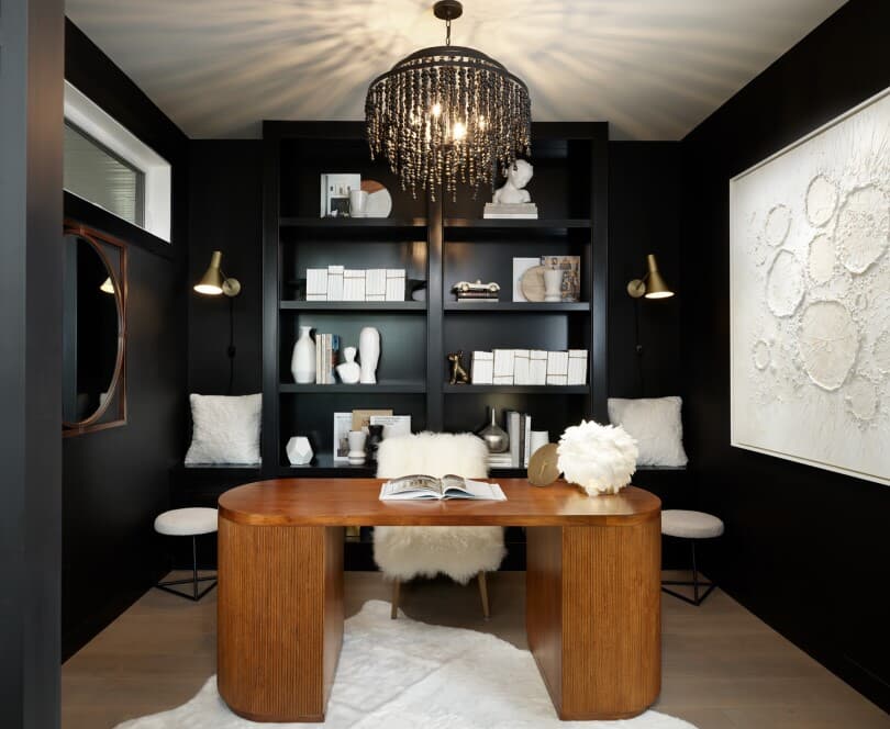 Dark and moody home office in Palermo at Rockland Park by Brookfield Residential in Calgary
