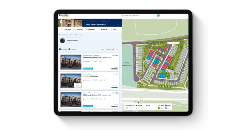 Tablet with a Brookfield Residential site plan and community information