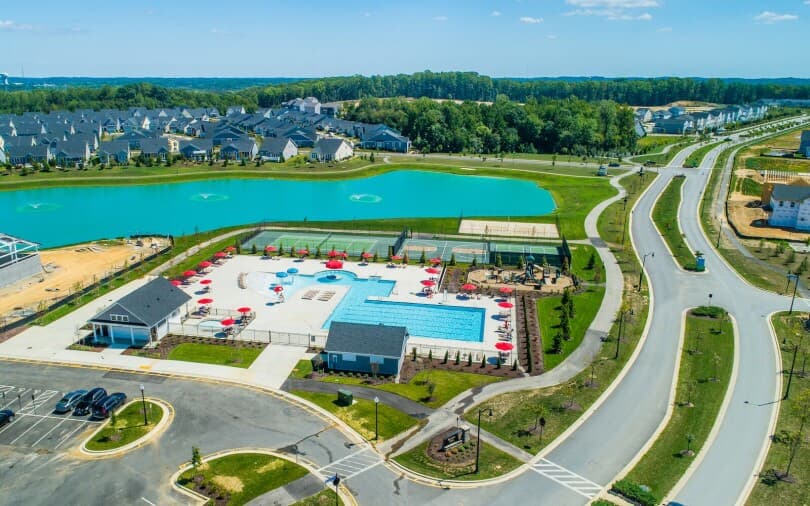 Aerial view of clubhouse and water at Two Rivers by Brookfield Residential in Odenton MD