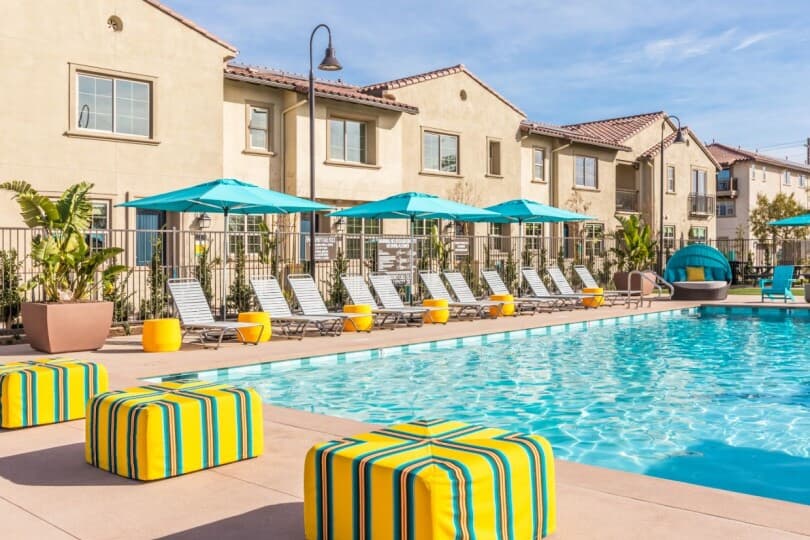 Resort style pool at the townhomes at Lantana at Beach by Brookfield Residential in Stanton CA
