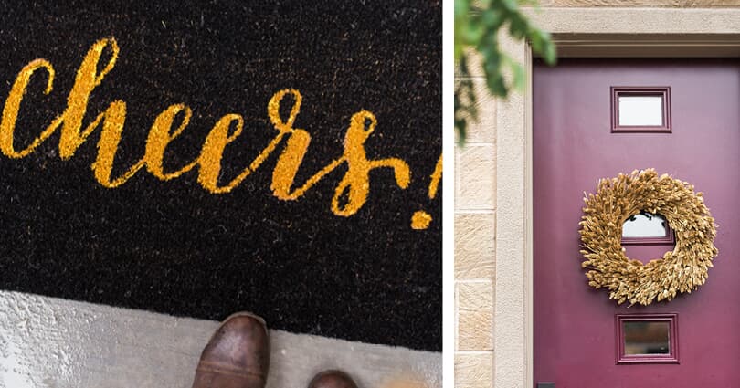 Cheers doormat at new NorCal home and front door wreath at Huntington at Boulevard by Brookfield Residential