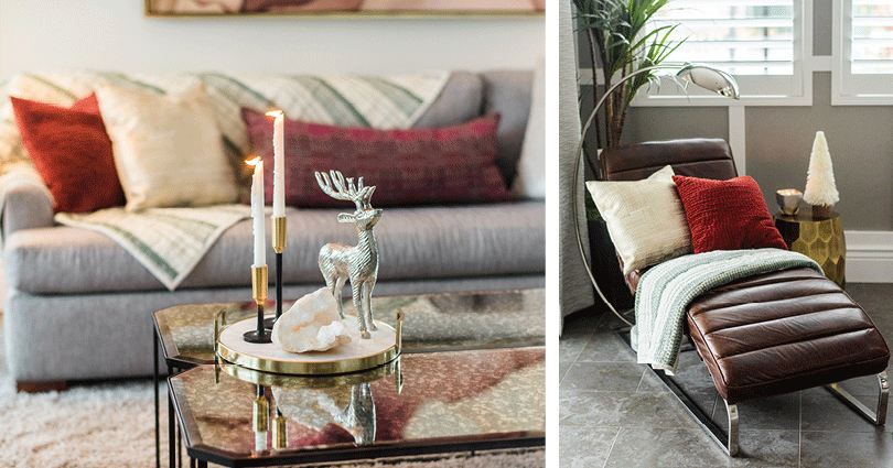 Cozy holiday throw pillows and coffee table décor featuring holiday candles decorate a new home at Boulevard in Dublin CA