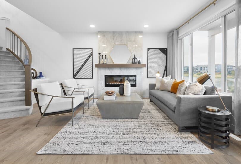 Gray tone living room in Robson at The Orchards by Brookfield Residential in Edmonton AB