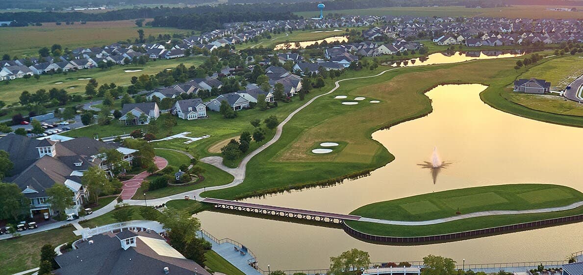 Aerial view of Heritage Shores golf course community by Brookfield Residential in Bridgeville, Delaware