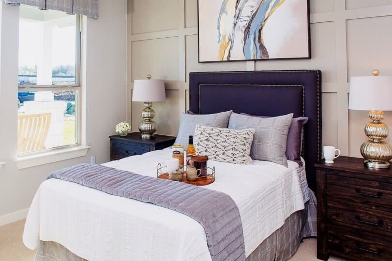 Guest bedroom with a welcome gift at Skyline Park by Brookfield Residential in Austin TX