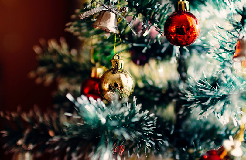 An up close view of a decorated Christmas tree