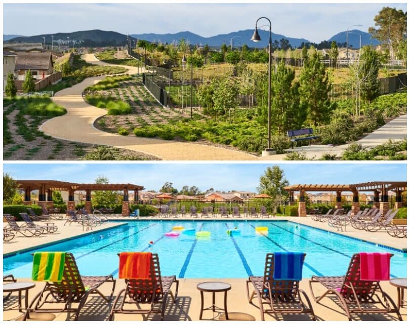 Walking trails and pool at Spencer's Crossing by Brookfield Residential in Murrieta CA