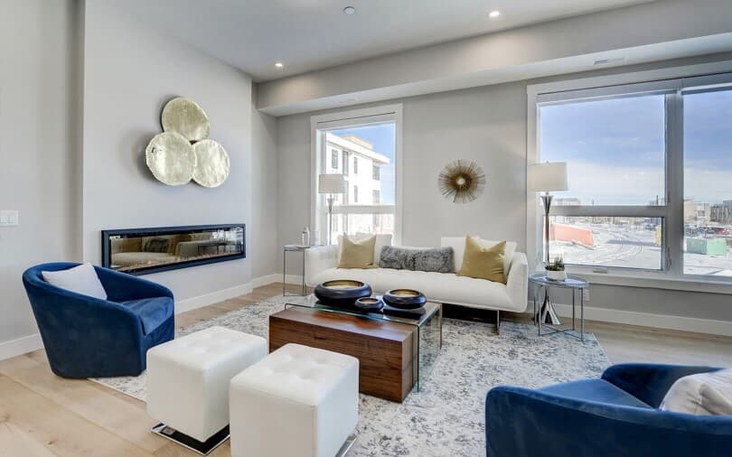 Living room in Lyra at Cappella by Brookfield Residential in Calgary AB