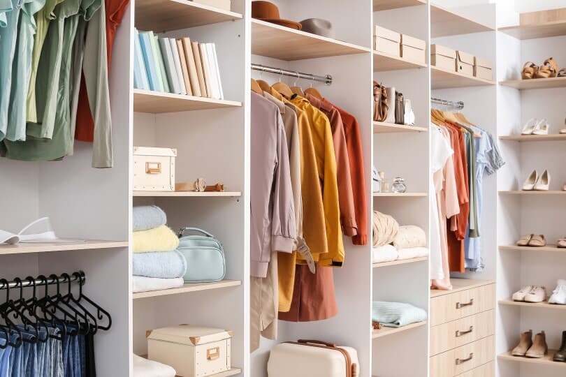Organized walk in closet with different clothes and accessories