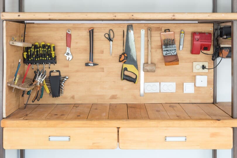 Organized workbench in a garage