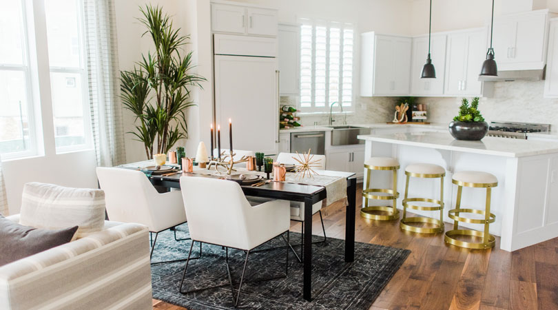 Chic winter dining room décor in a new home at Boulevard in Dublin, CA