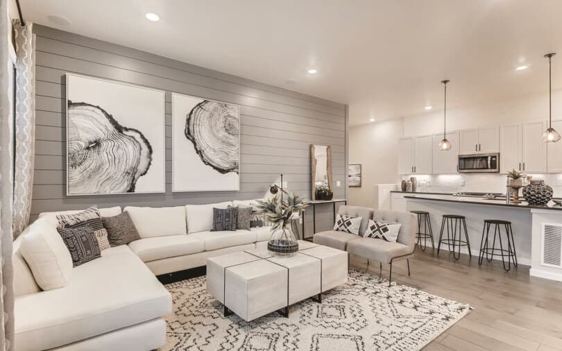 Gray shiplap wall in the great room of Villa 3 at Barefoot Lakes in Denver, CO