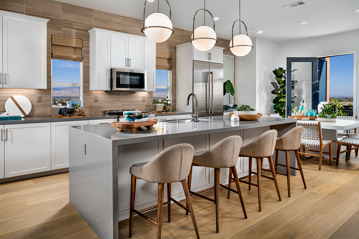 Stylish kitchen with quartz countertops at Luna in The Landing by Brookfield Residential in Tustin CA