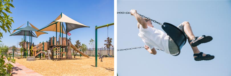 The park and a child swinging | Audie Murphy Ranch in Menifee, CA | Brookfield Residential
