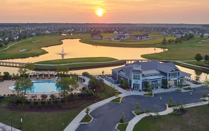 Aerial view of the amenities at Heritage Shores in Bridgeville, DE by Brookfield Residential
