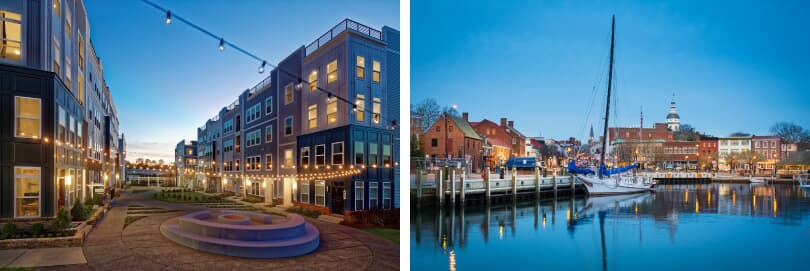 L: Community Courtyard and Fire Pit; R: Waterfront | Admirals Square in Anapolis, Maryland | Brookfield Residential