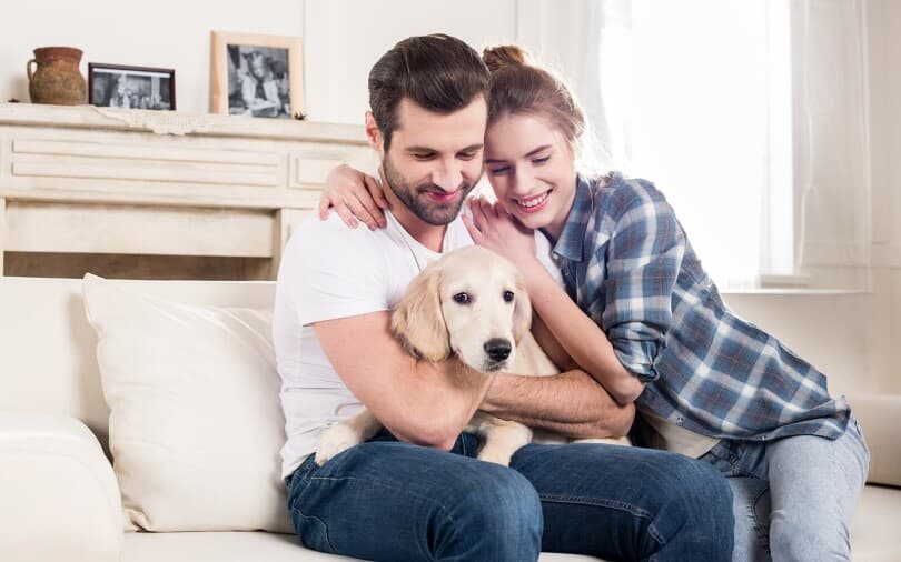 Couple snuggling a puppy in their new Brookfield Residential home