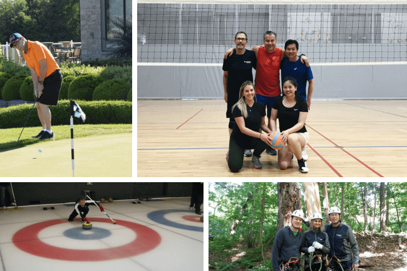 Ken participating in Brookfield events: golf, volleyball, adventure climbing and curling