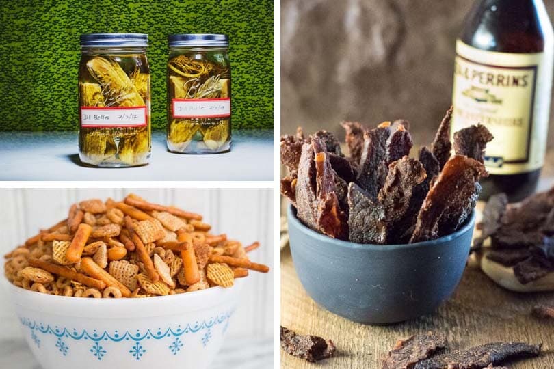 (Clockwise from top left) Garlic dill pickles photo via Epicurious, homemade beef jerky photo via Fox Valley Foodie, classic homemade nuts and bolts photo via The Kitchen Magpie