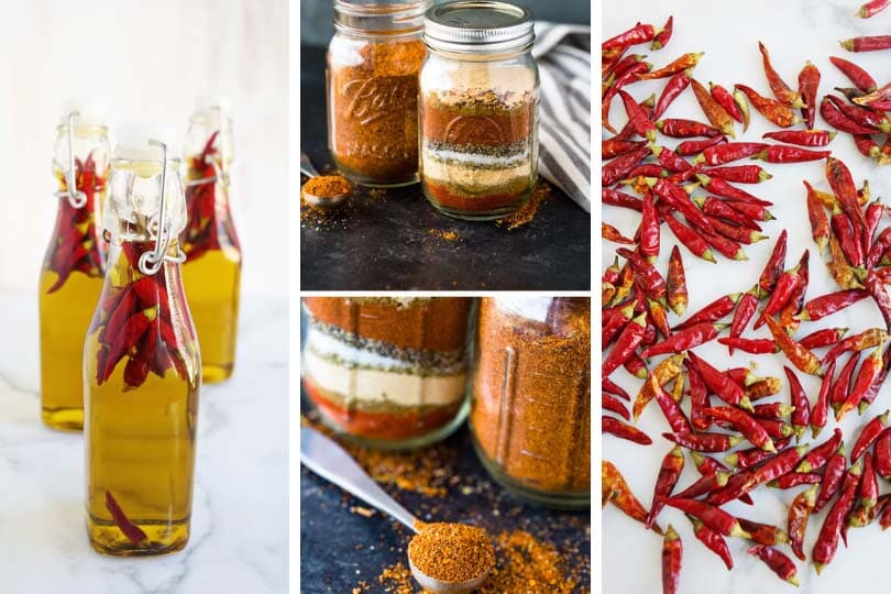 (From left to right) Hot pepper oil photo via A Beautiful Mess, homemade taco seasoning photos via Gimme Delicious, hot peppers photo via A Beautiful Mess