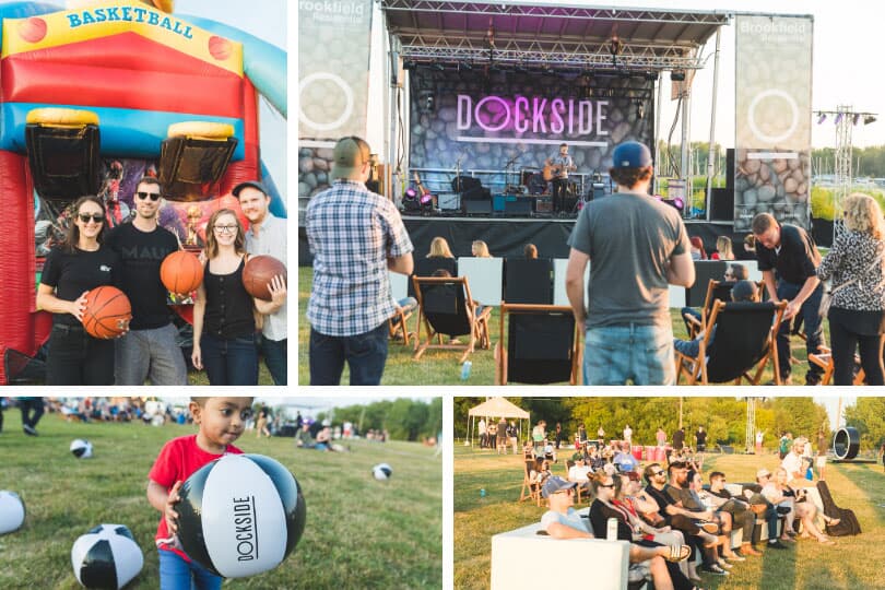 Playing basketball and other games, the stage at Dockside Fest with live music all evening long, the crowd enjoying the show, and fun for all ages with a Dockside beach ball.