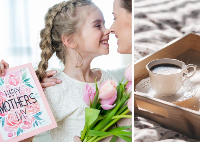 Girl smiling at mom and coffee tray collage