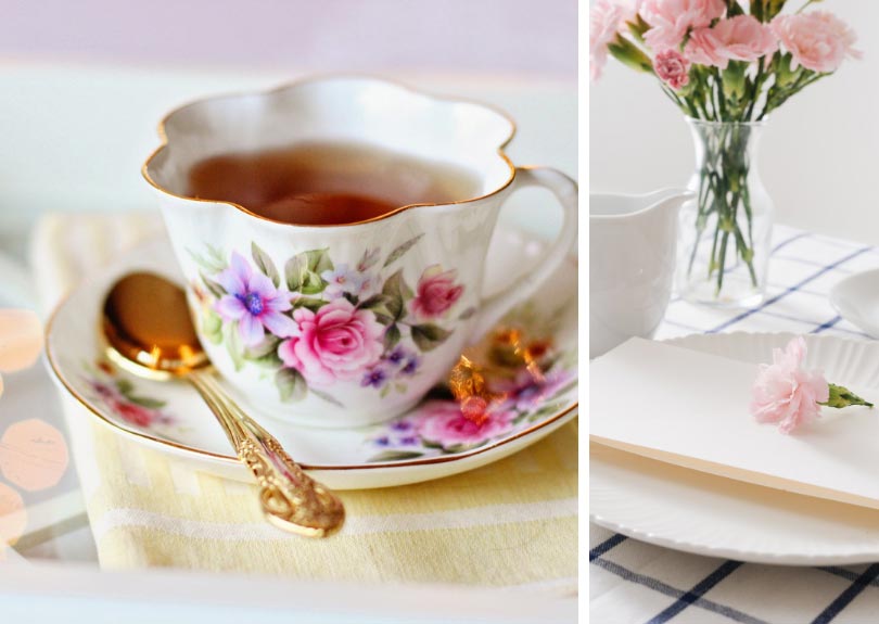 Tea cup and table decoration collage