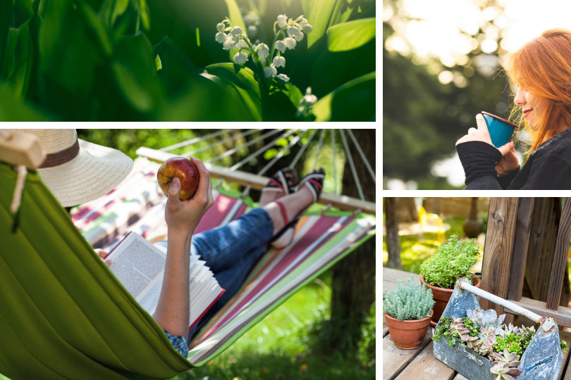 Backyard living – outdoor relaxation: Lily of the Valley, portable planters, hammock reading, relaxing with coffee.
